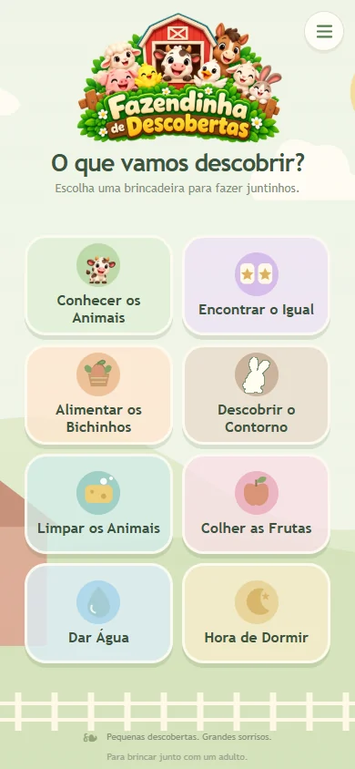 Menu atual com oito brincadeiras e logo centralizado